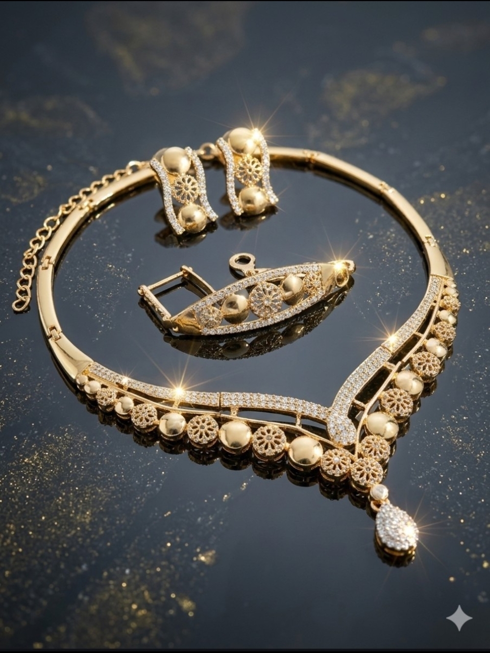 Elegant Gold Floral Necklace Set with Drop Pendant